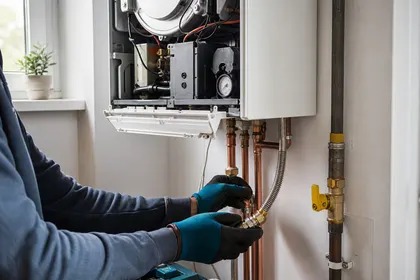 Instalatér připojuje plynový kondenzační kotel s odkrytým krytem, vedle žlutý uzávěr plynu