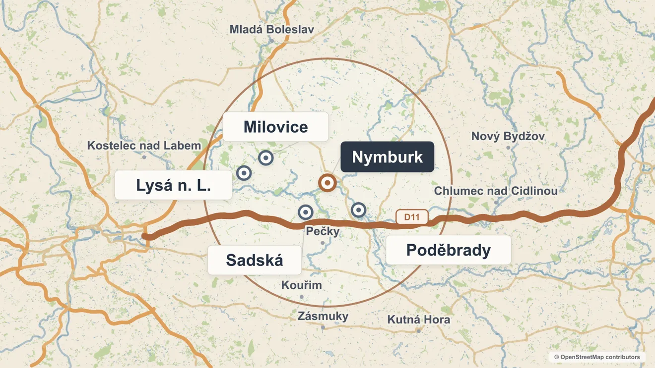Mapa působnosti v okolí Nymburka: Nymburk, Poděbrady, Lysá nad Labem a Polabí