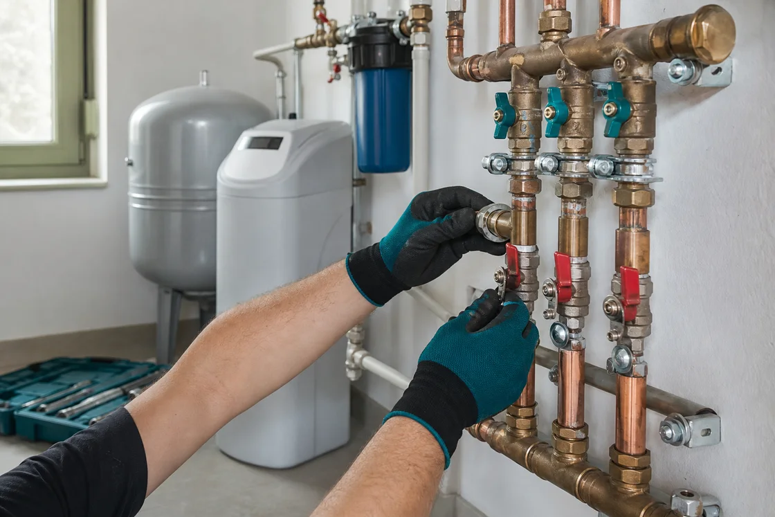 Instalatér v rukavicích zapojuje měděný rozdělovač vody s uzávěry, v pozadí domácí vodárna a změkčovač vody