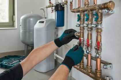 Instalatér v rukavicích zapojuje měděný rozdělovač vody s uzávěry, v pozadí domácí vodárna a změkčovač vody